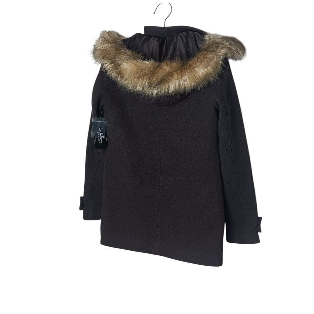 New Coffee Shop Wool Duffle Trench Coat Faux Fur Trimmed Hood XS Brown - Picture 4 of 14